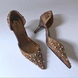 M.P.S. Brown Beaded D’Orsay Kitten Heels Sz 7